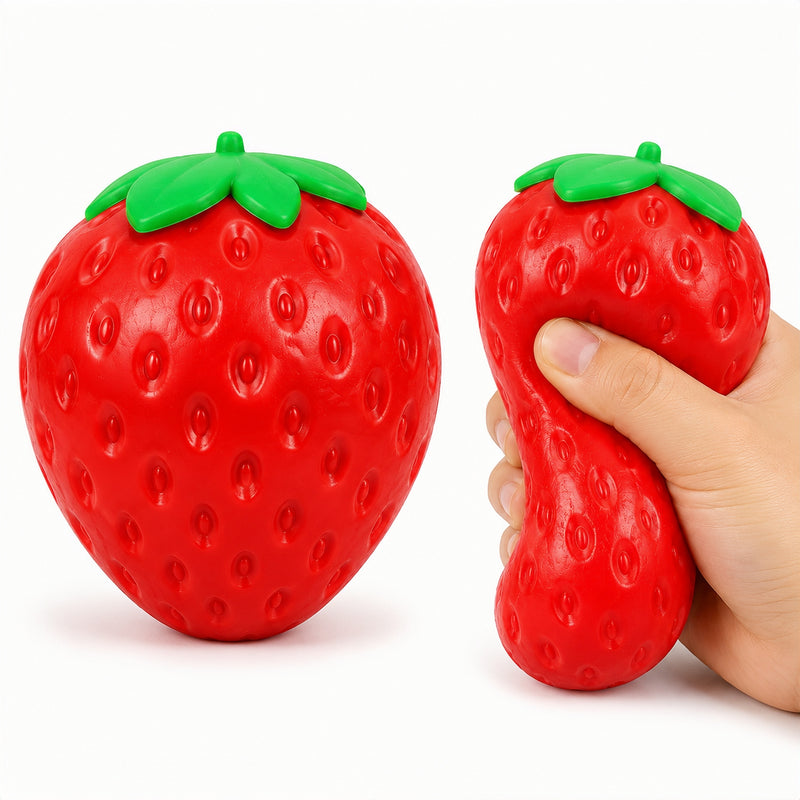 Two red strawberry-shaped objects with green tops, one held by a hand on a white background.