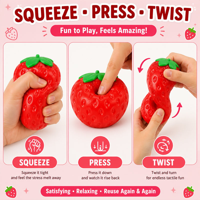 Red strawberry-shaped stress reliever with instructions on how to use it, on a pink background.