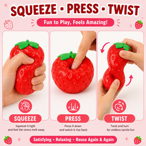 Red strawberry-shaped stress reliever with instructions on how to use it, on a pink background.